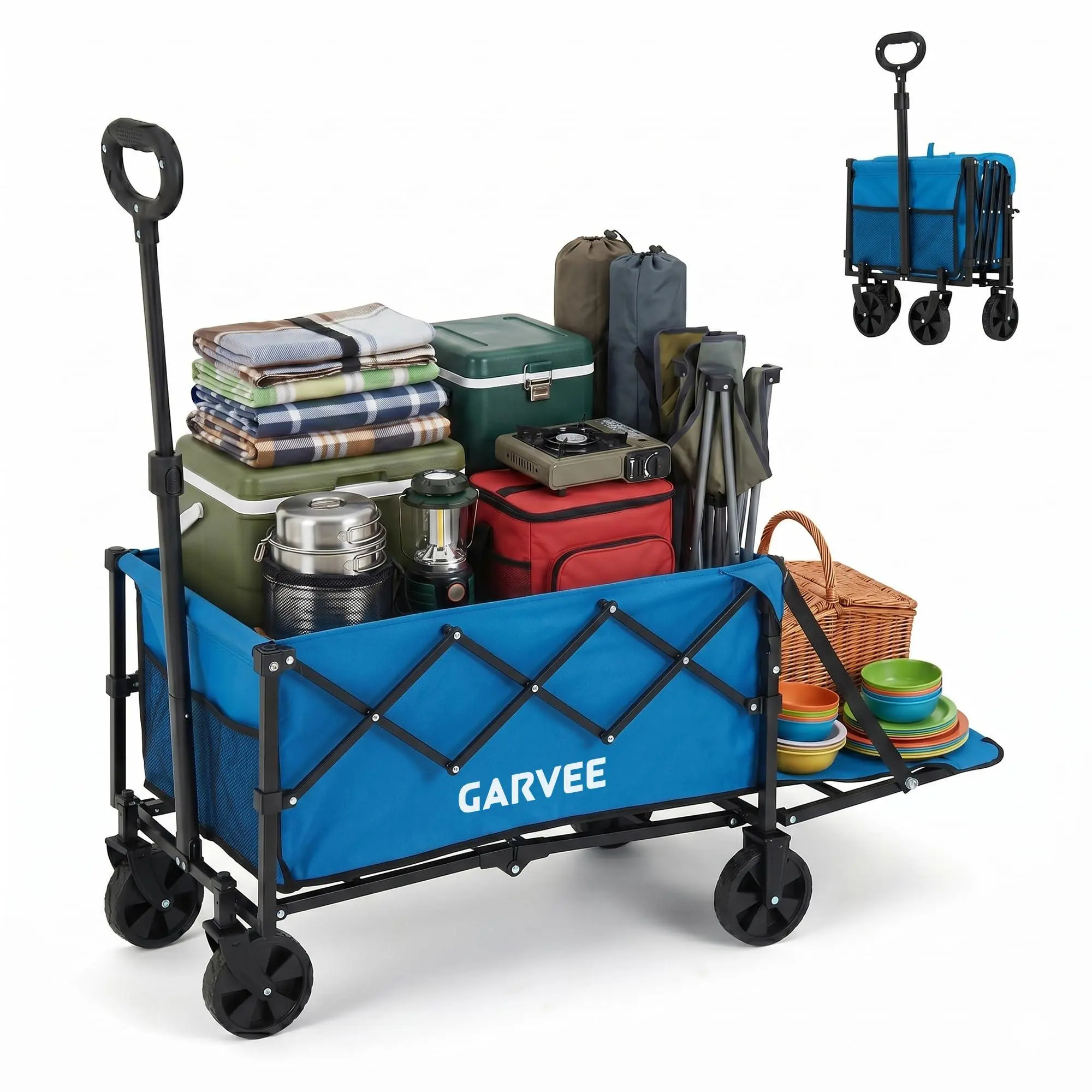 Gaomon Foldable Wagon Cart - Heavy Duty Collapsible Cart with 220lb Max Load, 120L Expandable Storage, Double Bearing Flexible Steering, 2 Cup Holders for Garden, Camping