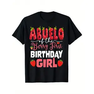 Abuelo of The Berry First Birthday Girl Strawberry Grandpa T-Shirt - Black Relaxed Fit Casual Tee with Vibrant Red Strawberry Print, Machine Washable Round Neck Novelty Gift for Grandparents, Playful Text Design |   Comfortable to Wear