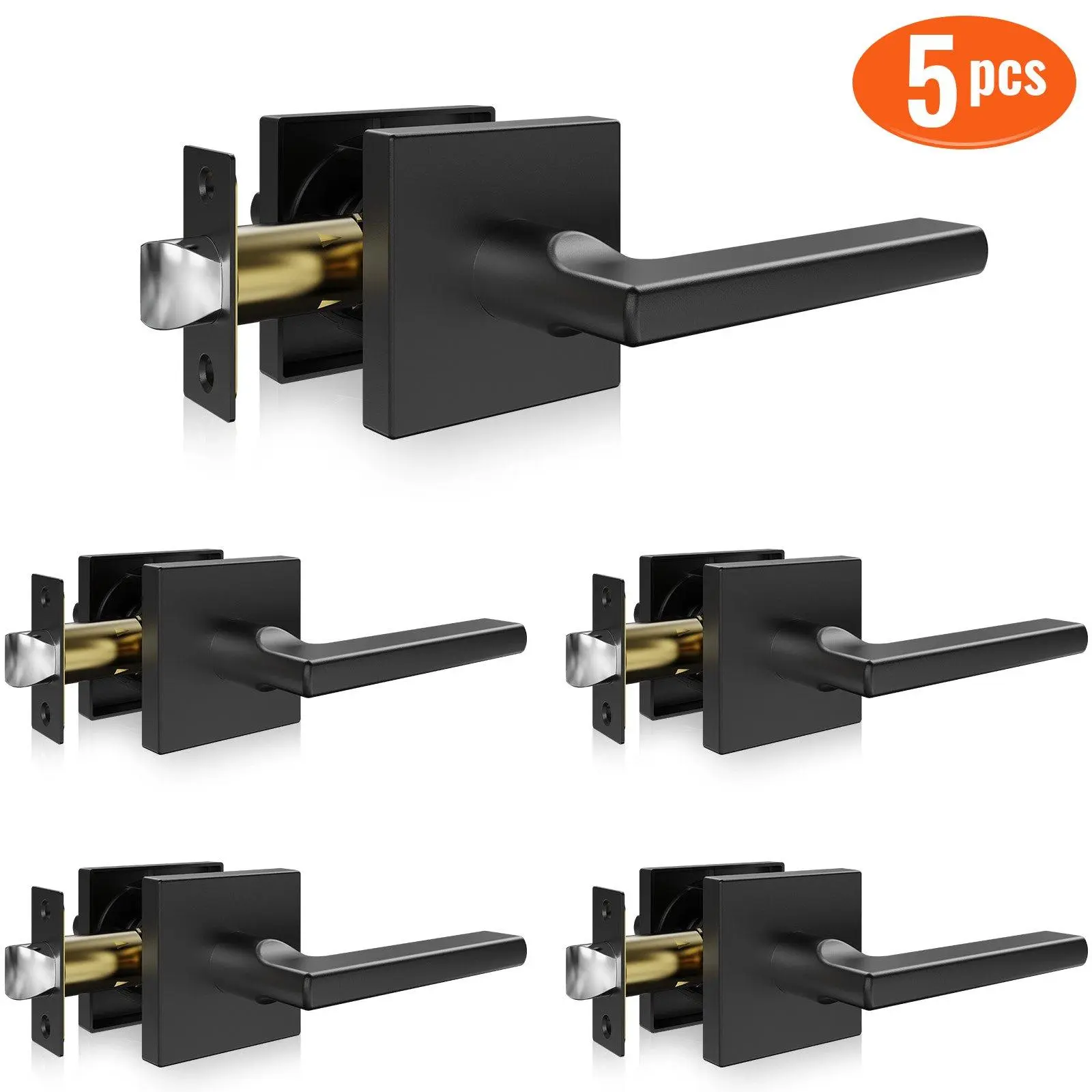 Father's Day Gift Matte Black Interior Reversible Passage Door Lever 5-Pack Zinc Alloy Hardware, Keyless Handle Doorknobs, Easy-Install Interior Door Handles, Door Handles Interior