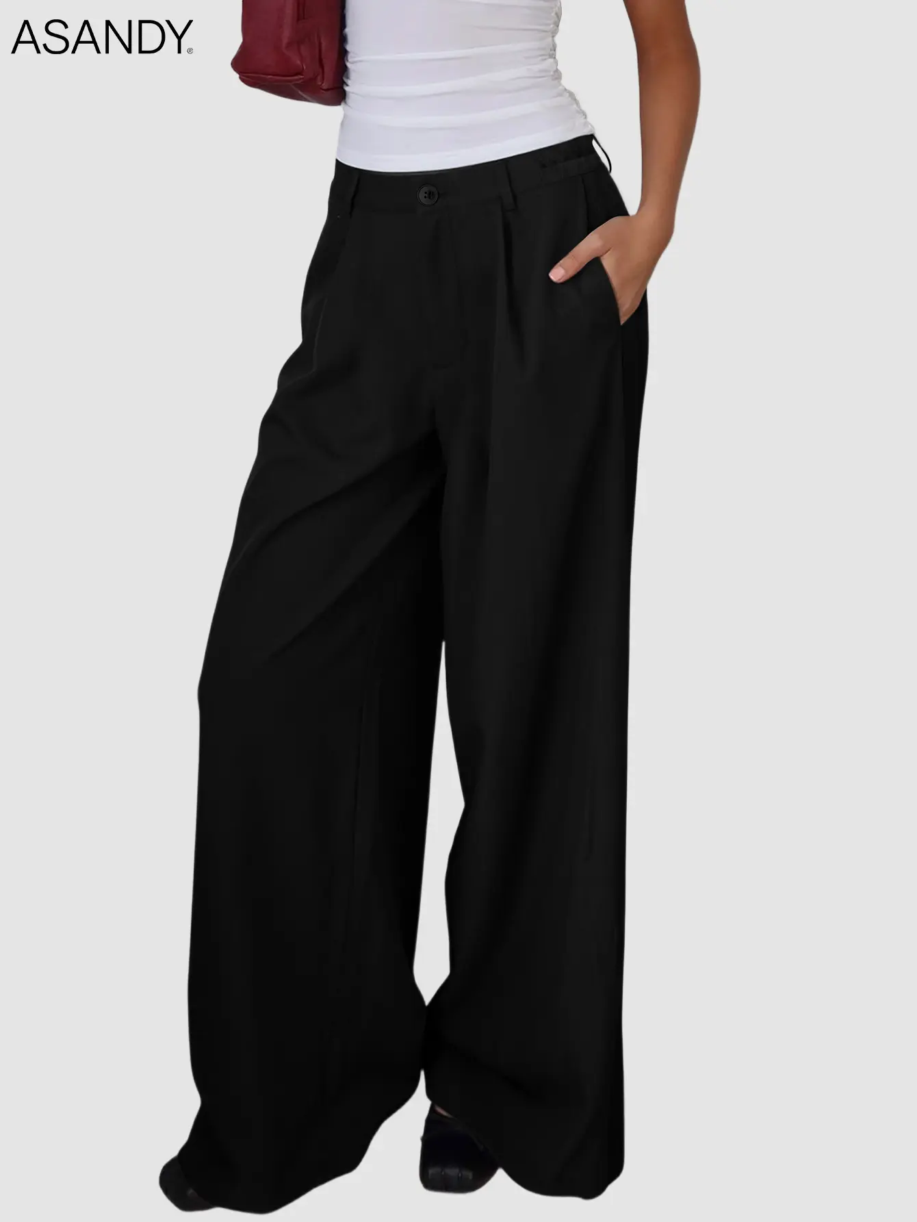 ASANDY Women's High-Waisted Pleated Trousers, Elegant Baggy Wide-Leg Tailored Pants for Office & Everyday Streetwear