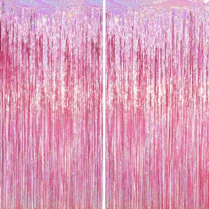 2-Pack Laser Pink Tinsel Fringe Curtains, Metallic Streamers for Parties, Weddings & Celebrations
