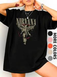 Nirvana Angel Series Women's Oversized Round Neck cotton T-Shirt, Vintage Band Print Short Sleeve Top, Spring Summer Casual Wear