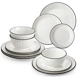 MALACASA LEILA 12/16-Piece Ceramic Dinnerware Set for 4, Modern Striped Embossed Bowls & Plates Set, Elegant Complete Kitchen Tableware Service for Everyday Use