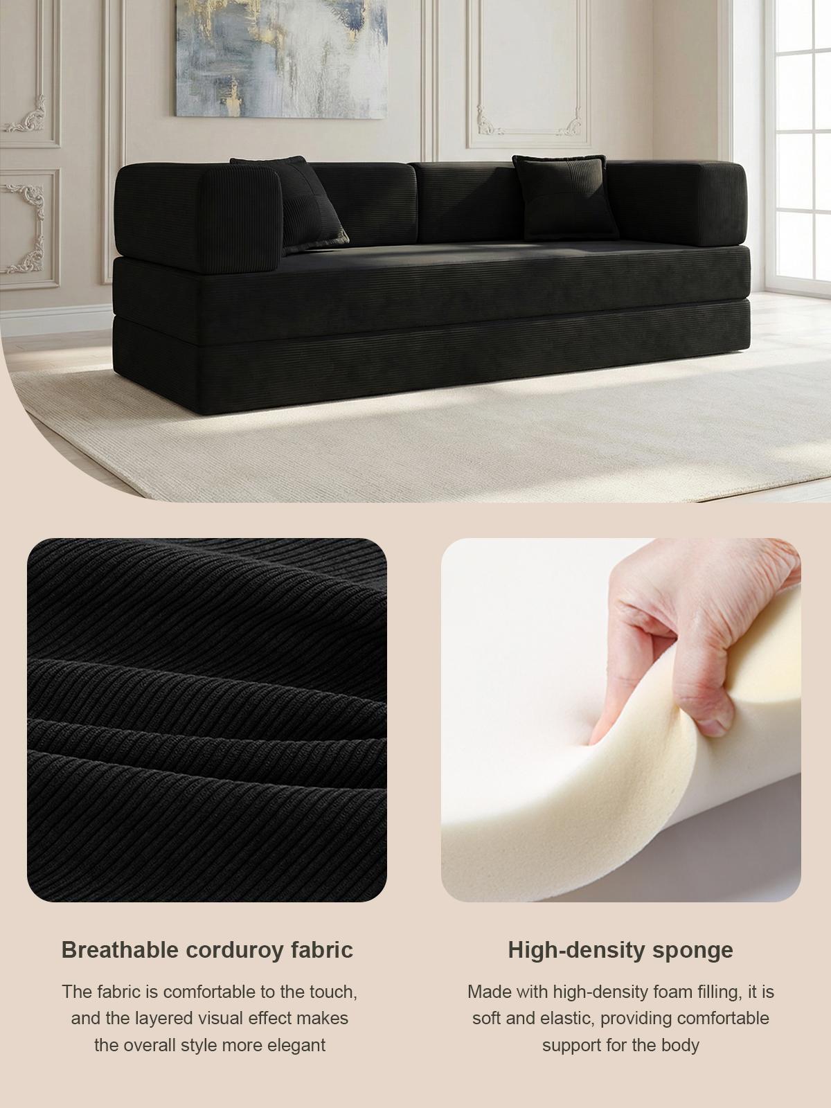 Compressed sofa, 79-inch convertible sofa bed, fixed frame, removable armrests, modular corduroy sofa bed, folding mattress sofa, suitable for small spaces - no assembly required, includes two pillows, black. Compressed sofa, 79-inch convertible sofa bed, fixed frame, removable armrests, modular corduroy sofa bed, folding mattress sofa, suitable for small spaces - no assembly required, includes two pillows, black.