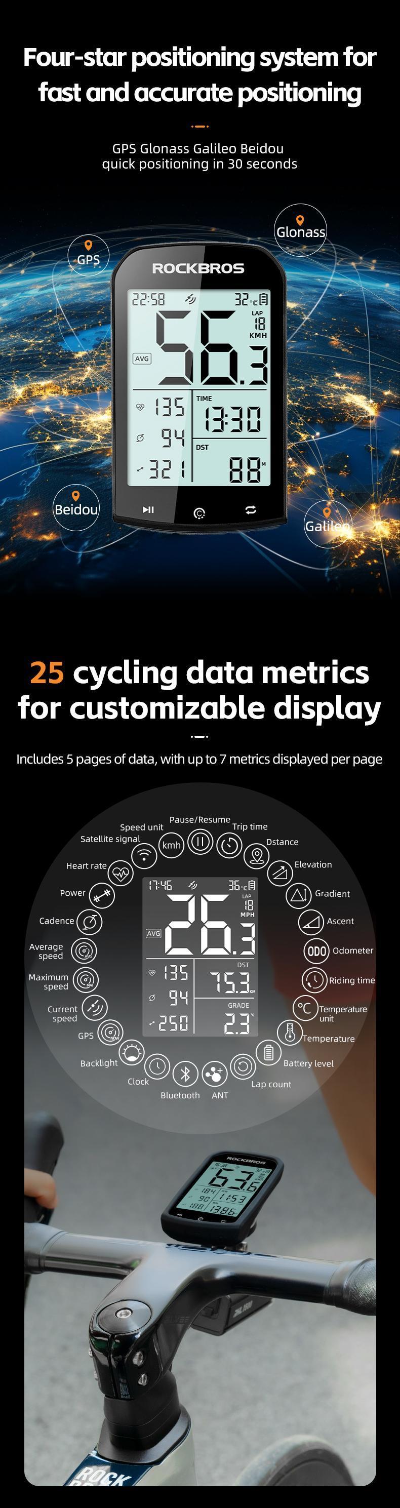 ROCKBROS Bike Computer Wireless Cycling Computers ANT+ Bluetooth Bicycle Computer Mini Speedometer Odometer Waterproof GPS/BDS/Galileo Position System ROCKBROS Bike Computer Wireless Cycling Computers ANT+ Bluetooth Bicycle Computer Mini Speedometer Odometer Waterproof GPS/BDS/Galileo Position System