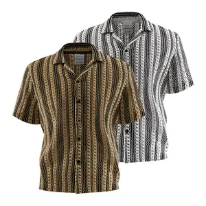 Men’s Vintage Textured Striped Short-Sleeve Shirt — Summer Casual Turn-Down Collar Open-Front Top