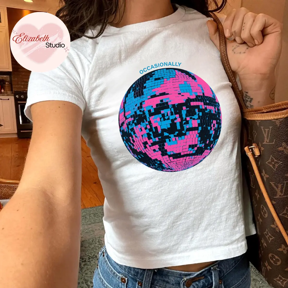 Disco Ball Baby Tee, Retro Disco Graphic Shirt, Pink Blue Mirror Ball Aesthetic Top, Party Club Dance Baby Tee For Women
