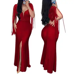 Women's tassel sequined hip dress fishtail dress round neck slit tassel sleeves pleated evening dress Fabric Formal Red Gorgeous