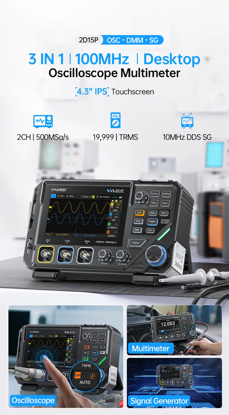 FNIRSI 2D15P Handheld Oscilloscope Multimeter - 3-in-1 Digital 2CH Automotive Tool with 100MHz Bandwidth, 500MS/s Sampling, 19,999 TRMS Counts, 10MHz DDS Signal Generator, 4.3 Touch Screen, 128-Level Grayscale Display, 6 Math Operations, Built-in Cells