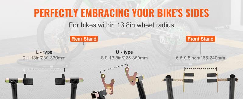 VEVOR Motorcycle Stand Lift, Various specifications, Front Rear Combo Stand Lift Stand, U+L Fork Swingarm Spool, Compatible with Most Yamaha Honda Kawasaki Suzuki Motorcycles, Black, Motorcycle bike stand