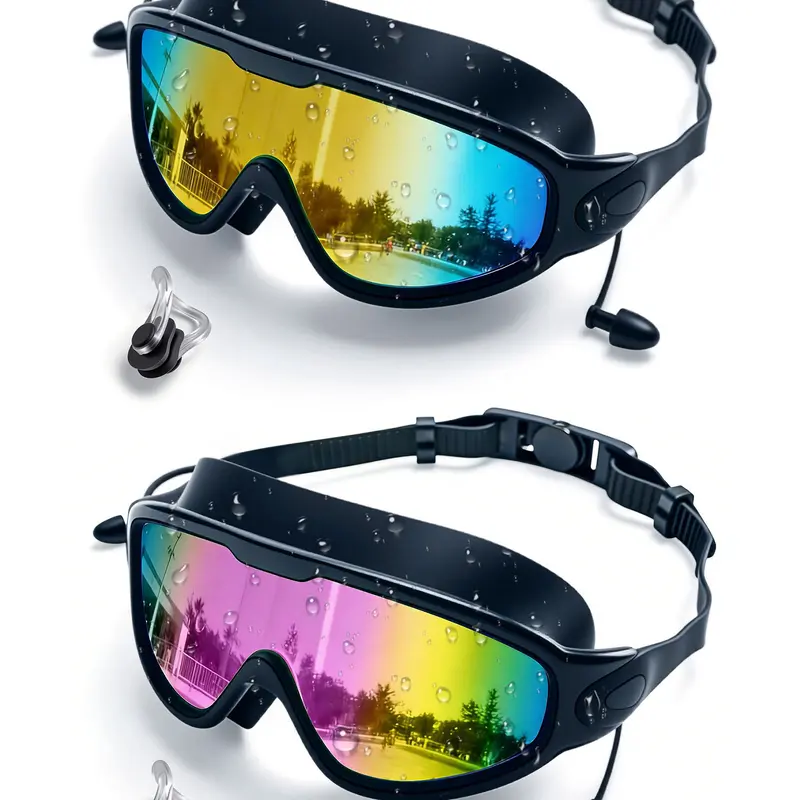 Swim Goggles 2 Pack - Swim Goggles for Adults & Kids - Anti-Fog Full-Coverage, 3-Color, Waterproof Earplugs & Nose Clip, Fit Outdoorfun
