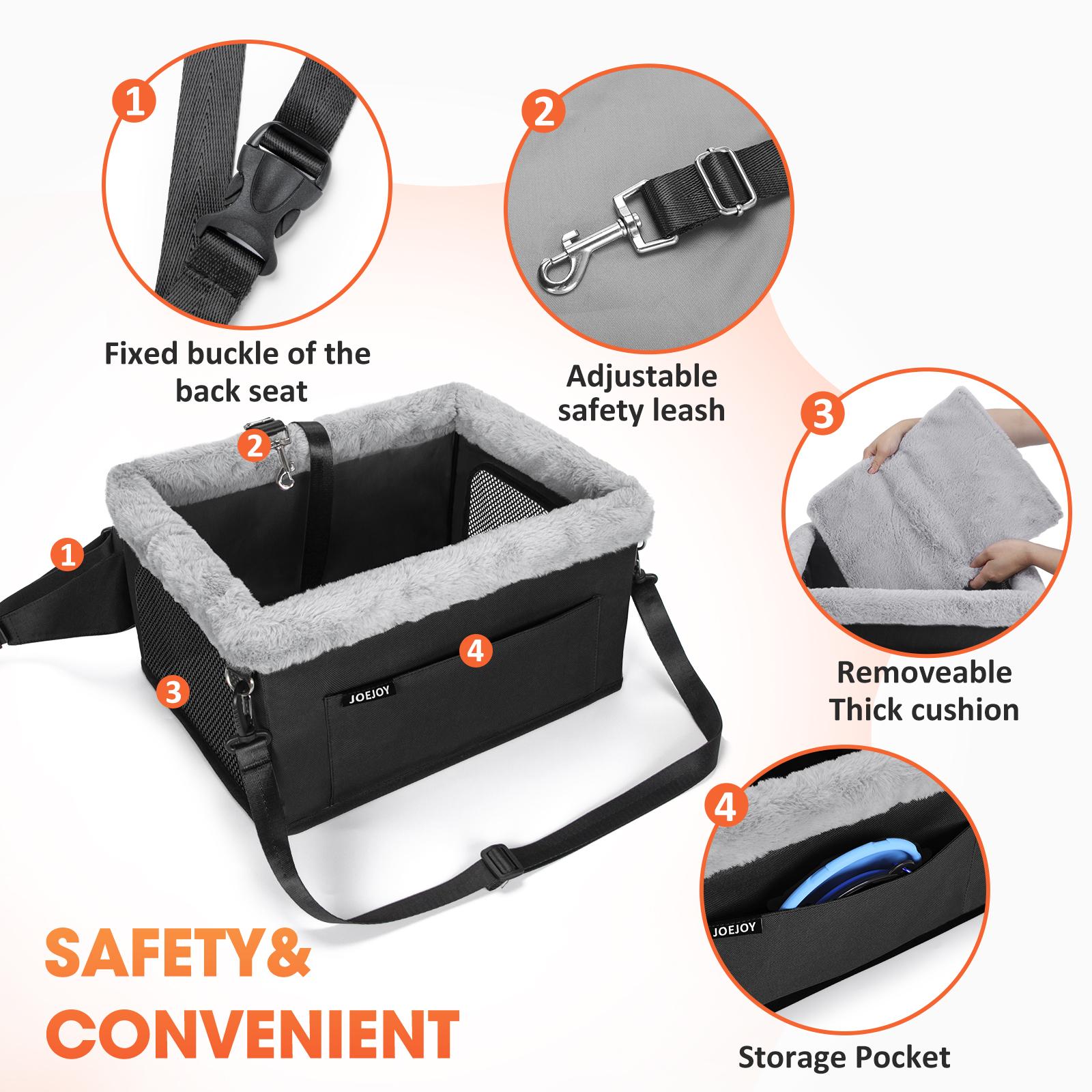 Premium Small Dog Car Booster Seat - Stable Metal Frame, Safety Tether for Pets Up to 20 lbs, Portable, Plush Machine-Wash Fabric Cushion, Solid Durability, Storage Pockets, S, Adjustable Safety Leash