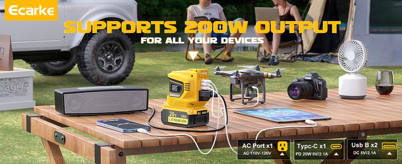 200W Power Station Compatible with Dewalt 20V Battery,  Power Inverterwith a 5AH Battery & a Charging Station, Power Bank DC 20V to AC 110V-120V, with 2 USB-A & 1 Type-C & 1 AC Outlet