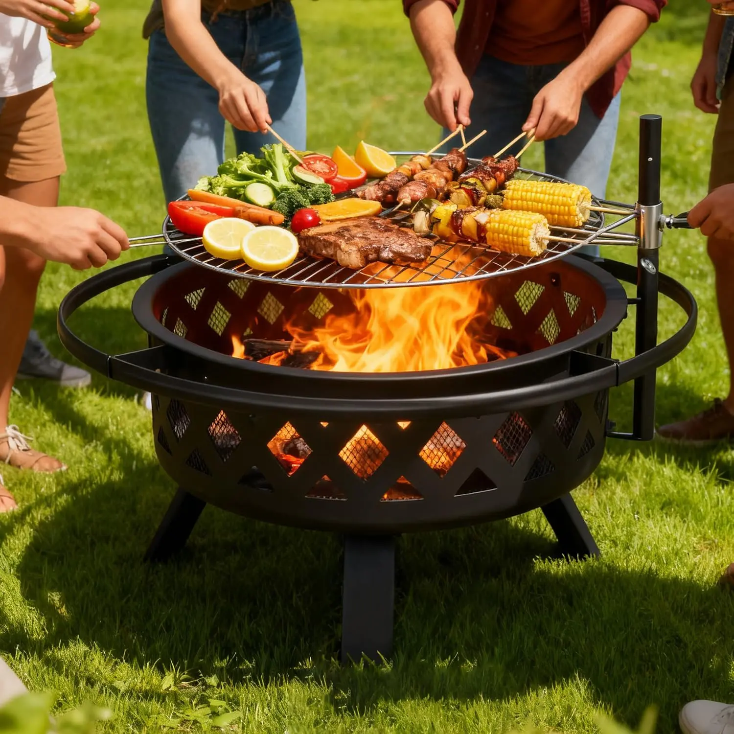Aoxun 2-in-1 Wood Burning Firepit - Metal Firepit Stove, Steel Grill Fire Bowl, Portable, Wind-Resistant, Stable Design for BBQs, Gardens, Camping