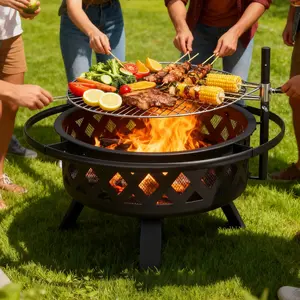 Aoxun 2-in-1 Outdoor Fire Pit & Grill Steel Fire Bowl for BBQ Camping Picnic Garden Patio Heater Charcoal Log Wood Burner Portable Wind-Resistant Stable Design