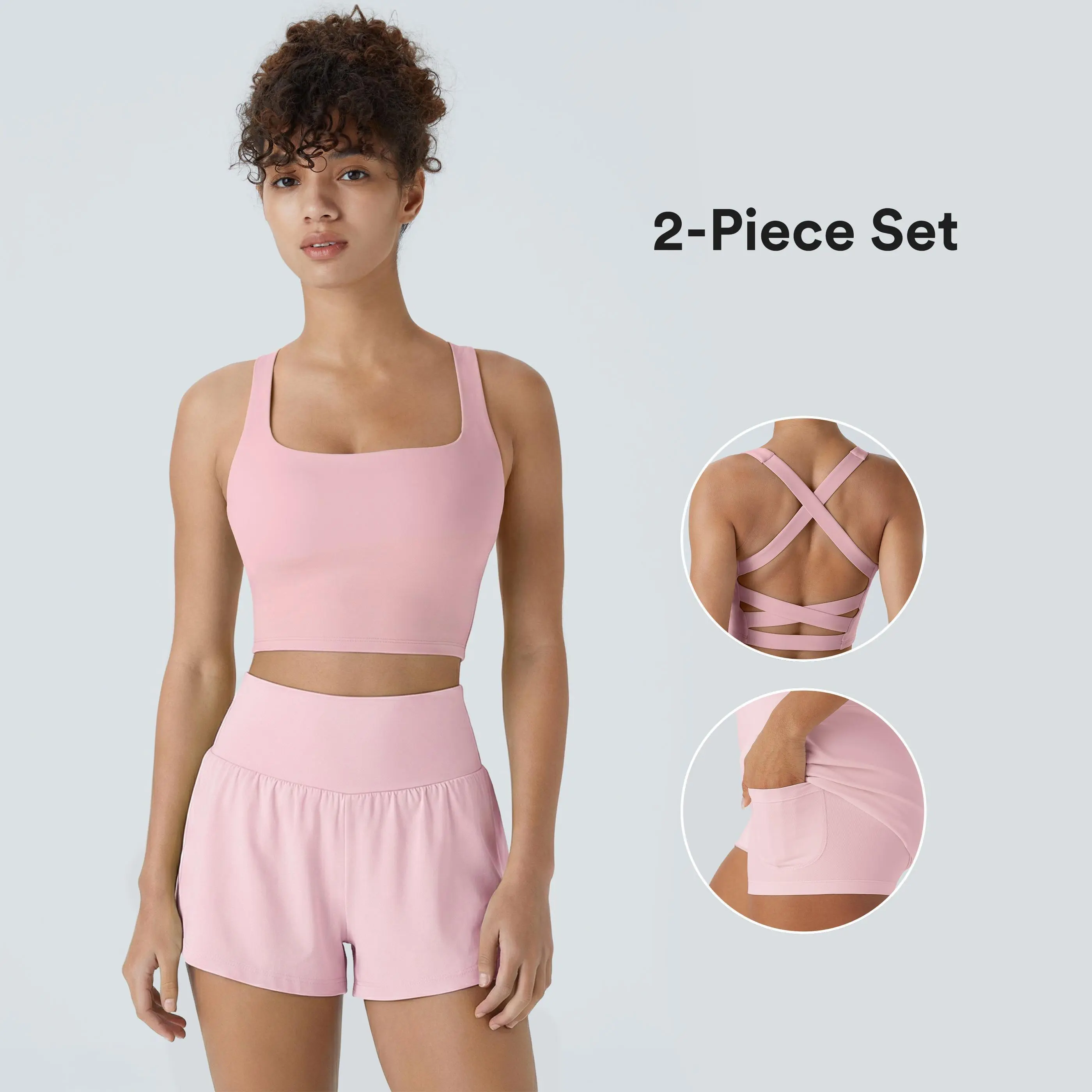 【Creator’s Pick】Halara 2-piece SoftlyZero Airy Square Neck Backless Crisscross Cropped InstantCool Yoga Tank Top-UPF50+ & Super High Waisted InstantCool Yoga Shorts with Pockets Set