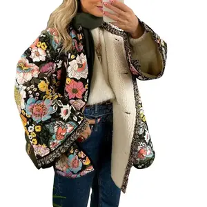 Women Winter Loose Quilted Jacket, Floral Print Button Down Long Sleeve Padded, Coat Warm Outwear, Casual Coat 2024, Ladies Coat for Indoor Outdoor Wear, Ladies Clothes for Daily Wear