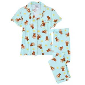 Mentally Exhausted Women's Notch Collar Dreamy Bear Pajama Set, Long Leg Pajama Sets