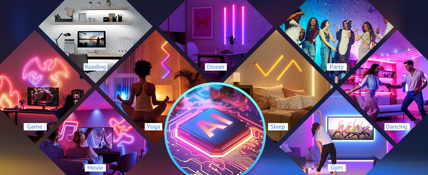 Lepro WL1 AI Smart RGB Wall Lights for Christmas Decorations, LLM AI Generated Lighting with LightBeats Music Sync, Voice Control Via App, Wi-Fi & Bluetooth LED Light Bars, 8 Pcs with 4 Corners