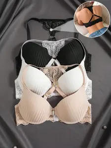 3pcs Elegant Lace Bra Set with Front Closure, HighSupport Push-Up Design & Contrast Lace Trim -Comfortable Non-Removable Padding, Sexy Floral Print ForWomen, Lingerie, Stylish Lingerie, Feminine Lingerie, SoftFabric, Supportive Lingerie