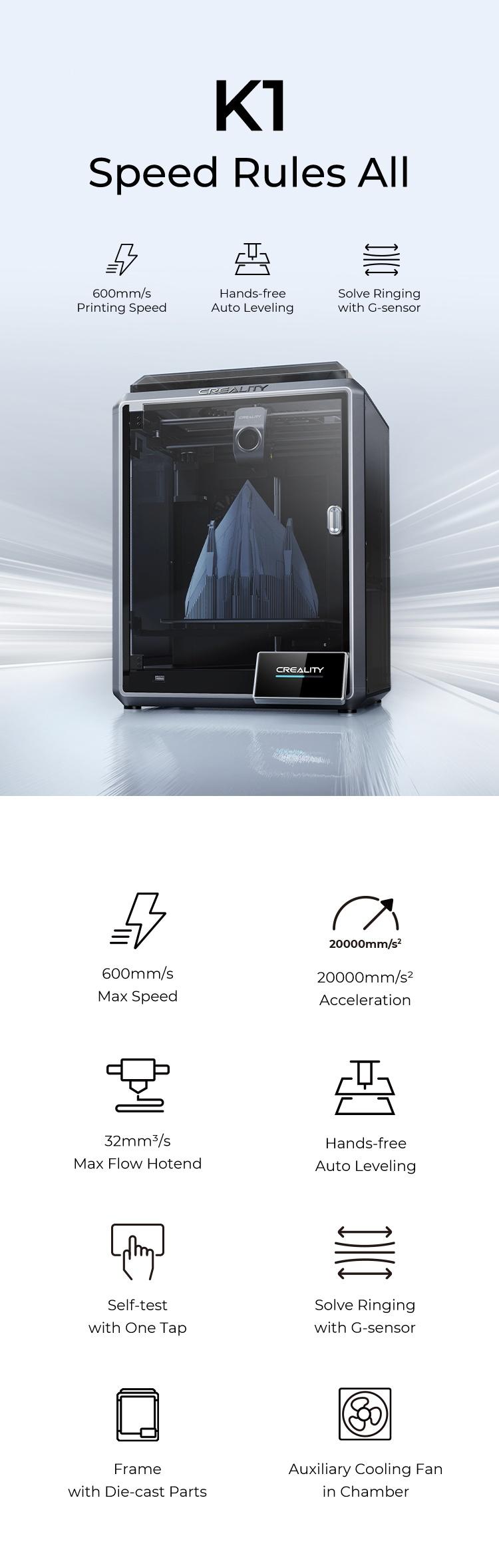 Creality K1 3D Printer - 600mm/s Max Speed & 20000mm/s² Acceleration