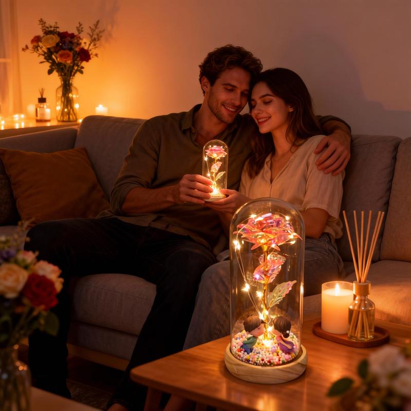 Valentine's Day Gift: Eternal Rose Bouquet in Glass Dome Features LED-illuminated roses and couple dolls Requires 3 AAA batteries (not included) Creative Gift Recommendation: Perfect for parents, girlfriend, boyfriend, daughter, or sister