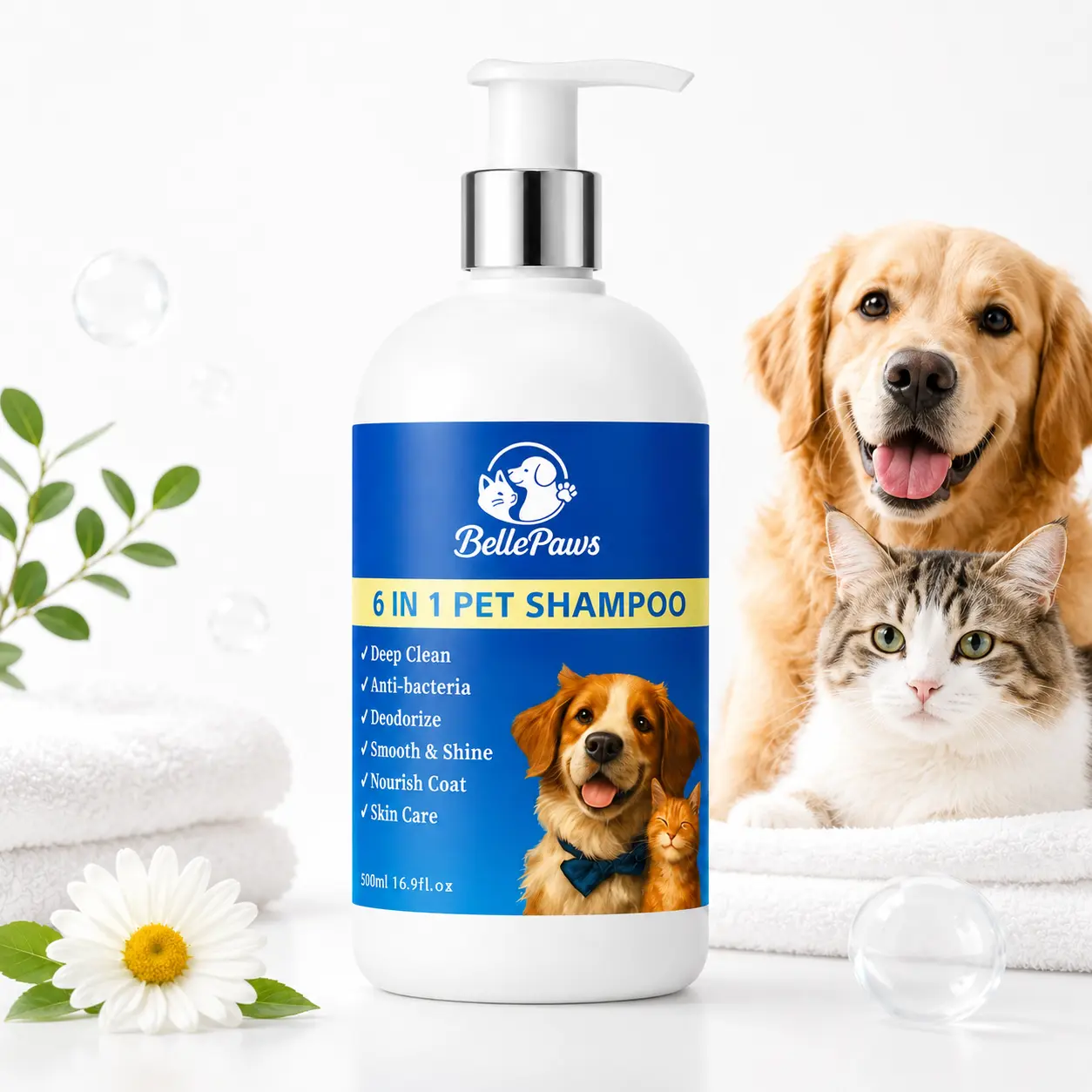 BellePaws 6-in-1 Pet Shampoo for Dogs & Cats, 16.9oz - Gentle Amino Acid Cleanse, Mink Oil Nourishment, Glycerin, Vitamin B6, Peppermint Extract, Antiseptic, Repair Skin Barrier, Deep Clean, Easy Rinse, Coat Shine Enhancement