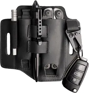 EDC Leather Belt Pouch – Multitool Sheath with Flashlight, Pen, and Keychain Holder, Practical Belt Organizer for Men