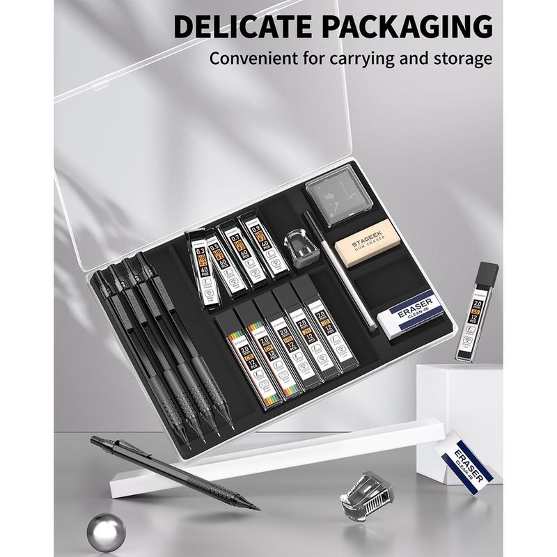 STAGEEK 21PCS Metal Mechanical Pencil Set, Art Lead Pencil 0.3, 0.5, 0.7, 0.9, 2mm Holder(HB 2H 2B 4B Color) with 10 Tubes Graphite Lead Refills Eraser with Case for Drafting Drawing Sketching