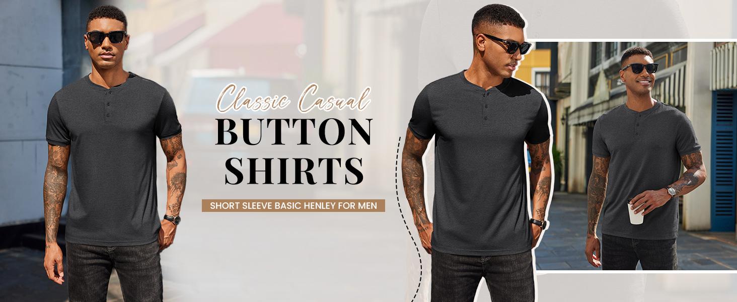 COOFANDY Men's Henley Shirts Cotton Short Sleeve Casual T-Shirt Button Henley Basic Tee
