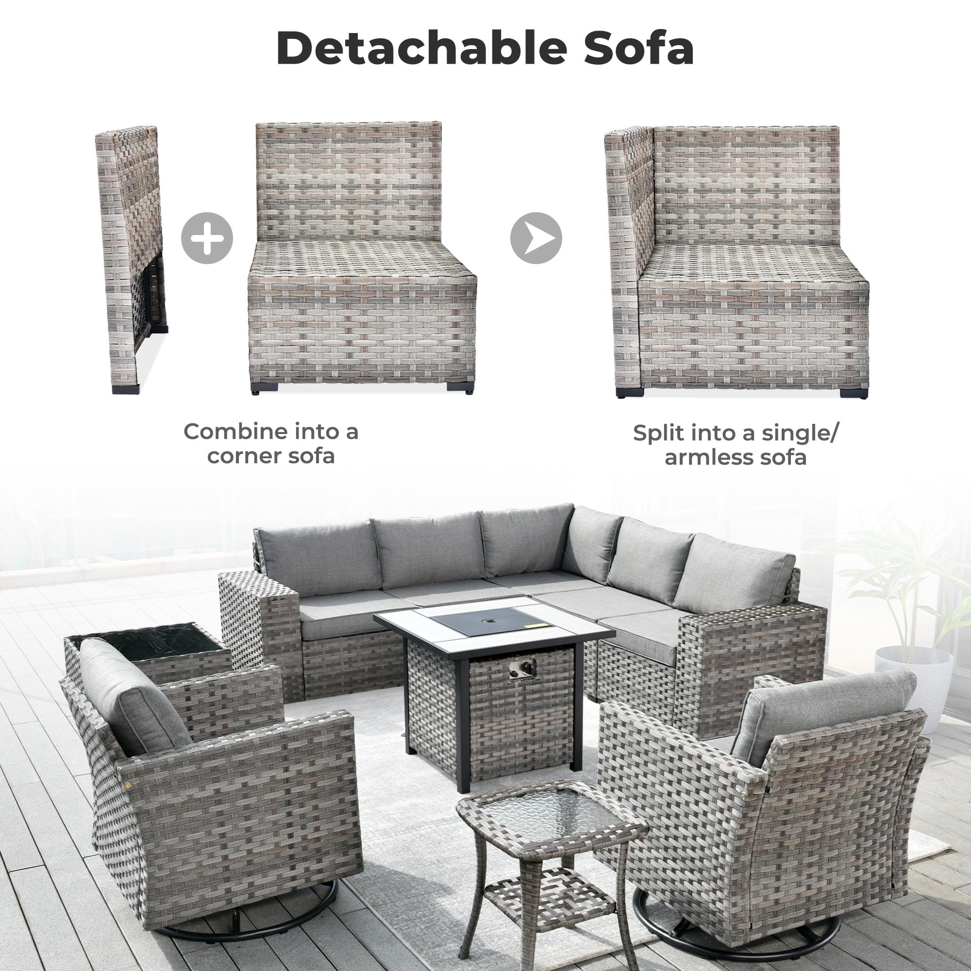 Ovios 10-Piece Outdoor Patio Furniture with 7.68'' Handrails, 30'' Fire Pit Table & Rocking Chair, All-Weather Wicker Conversation Set with Cushions for Backyard Patio Porch Deck Balcony Seating