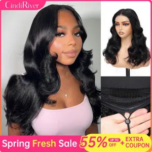 CindiRiver Body Wave Wear & Go Glueless Wig Human Hair Pre - bleached Pre - cut 5x5 HD Lace Closure Wig 230% Density Beginner Friendly with Drawstring HD Lace Front Wig Pre - plucked Natural Hairline for Women - Natural Black