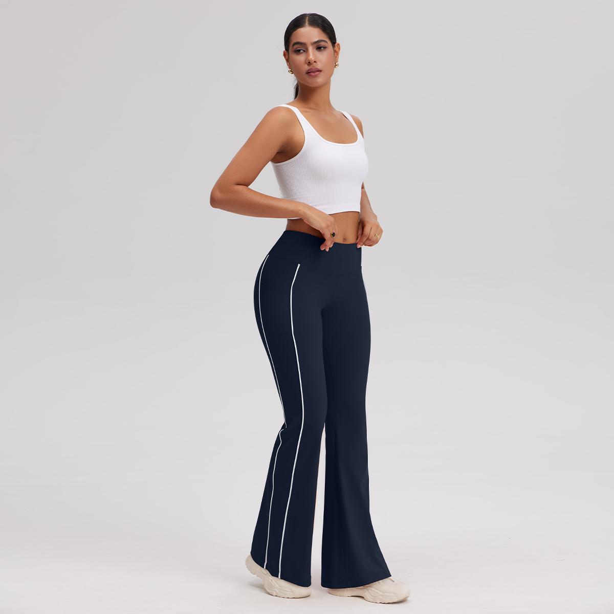 OQQ Women's High Waist Flare Yoga Pants With Pockets – Workout Trousers With Side Stripe Gym Sport Workout Pants Trousers SpringStatements