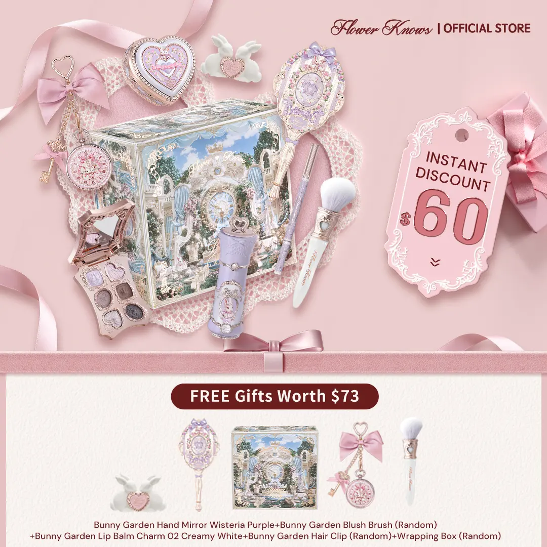 Flower Knows Sweet Routine Set, 9-Item Full Face Cosmetic Box Set, Beauty Products with Lipstick, Blush, Eyeshadow Palette, Eyeliner, Mirror, Brush, Gel, Bunny-Themed Makeup Tools, Ideal Gift for Adults, Beauty Kit, #tiktokshopbacktoschool, #sohochic