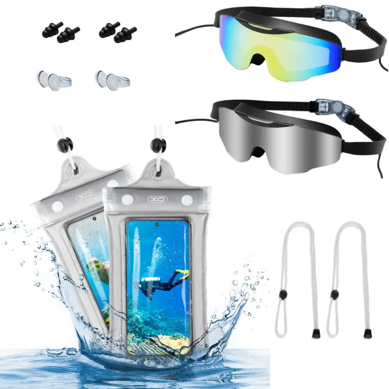 [BackToSchool] Swim Goggles & Waterproof Bag Set for Adults ,buy 2 get 4 pcs - Anti-Fog Full-Coverage, 3-Color UV Lens, Waterproof Earplugs,Anti-Fog High Definition Waterproof Adjustable,No Leak 180° Swim Glasses, Easy to Wear