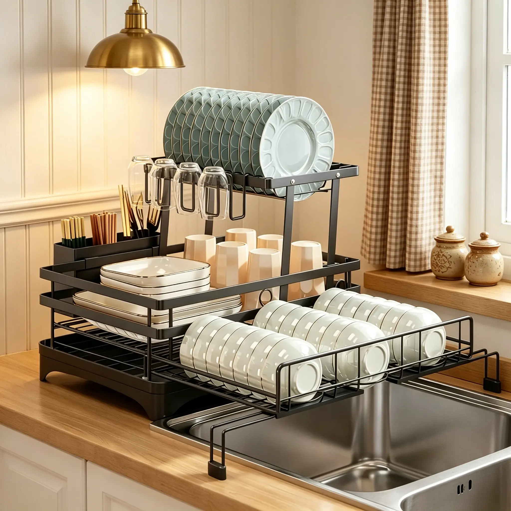 Small Kitchen Must Have Foldable Over Sink Dish Drying Rack Pull-Out 2-Tier Dish Drainer with Utensil Holder Space Saving Kitchen Organizer, Rust Proof Expandable Sink Dish Rack for Apartment RV Camper