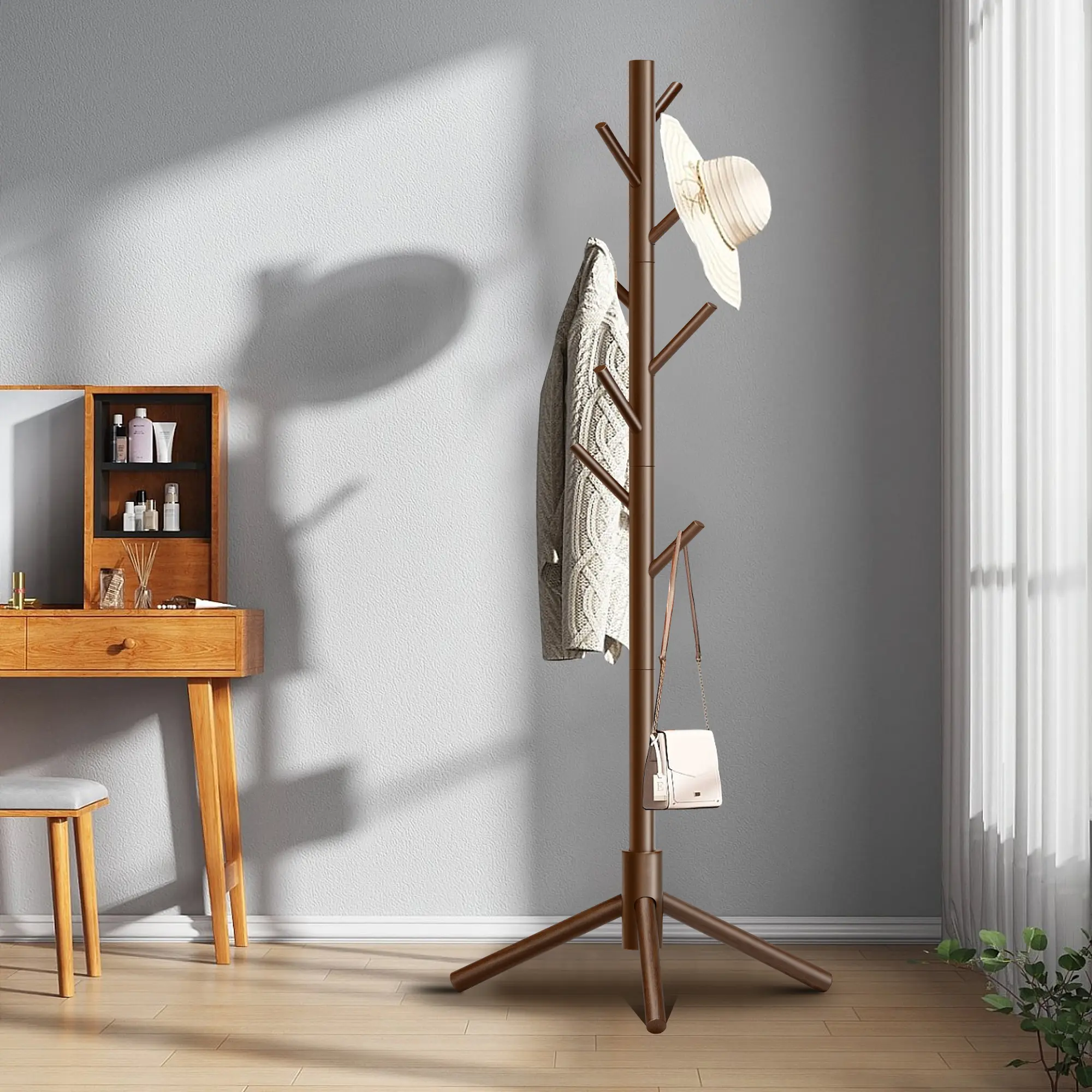 Wooden Coat Rack, Free Standing Coat Rack with 8 Hooks 3 Adjustable Heights for Clothes, Hats, Handbags, Coat Tree Easy Assembly for Entryway, Bedroom, Hallway, Office Minimal Organizer Living Room Storage Home Interior Organizing homeessentials