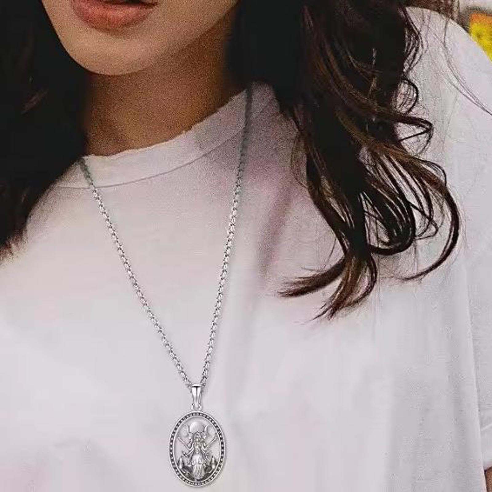 March Goddess Hecate Necklace, Witch Jewelry for Daily Wear Men and Women Silver Tone Oval Design