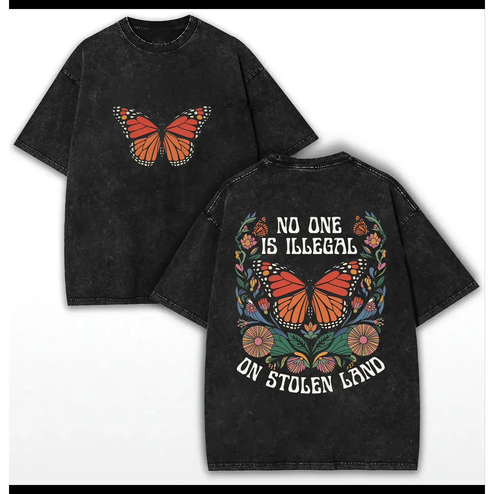 100% Cotton Washed Tee, No One Is Illegal On Stolen Land, Retro Anti  Pro Immigration Tee, Social Justice Human Rights Activist Gift