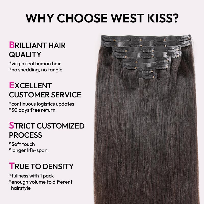 [New IN] West Kiss Seamless Clip In Hair Extensions 100% Virgin Human Hair Straight, Yaki Straight Clip In Hair Extensions