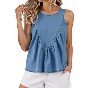 Cicy Bell Women's Babydoll Peplum Denim Tank Tops Loose Fit Swing Flowy Shirred Sleeveless T Shirts Going Out Cute Tees Fabric Womenswear Blue Jean Blouse