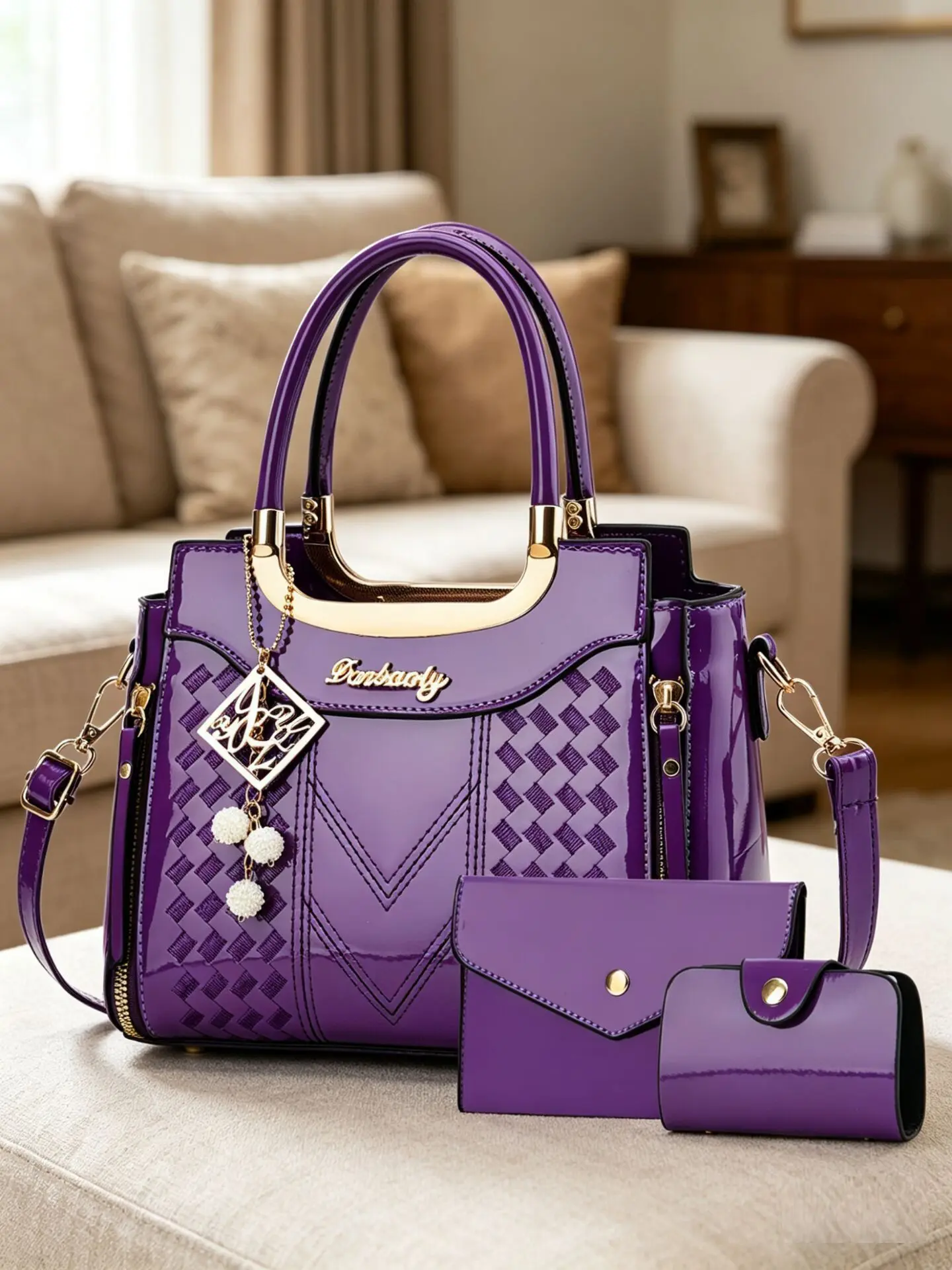 Women's Fashion Shoulder Clutch Bag Set, Fashionable Casual PU Material Handbag, All-Season Crossbody Design Backpack, Bright Leather Single Strap Bag