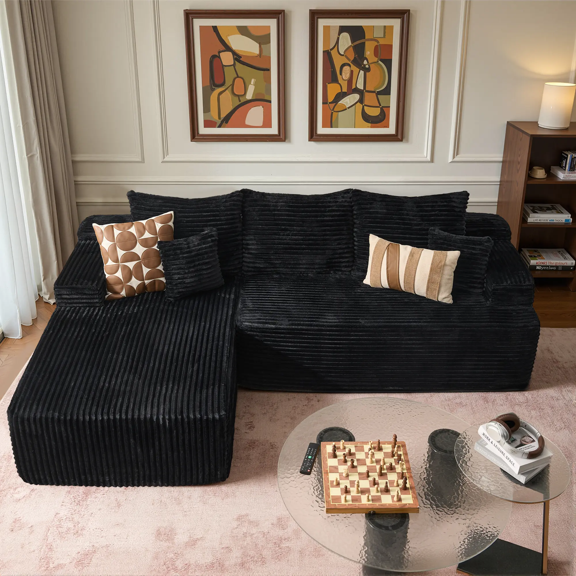 96“ Black Plush Corduroy Left Chaise