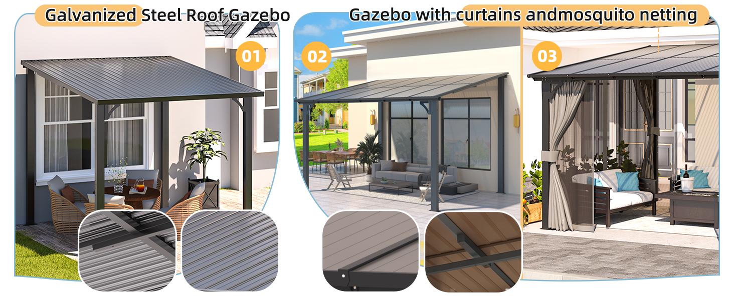【Multiple packages arrived at different times】AECOJOY Gazebo for Patio, Hard Top Large Wall-Mounted Heavy Duty Gazebo Pergola with Curtains and Mosquito Netting Outdoor Canopy Shelter Outdoor Canopy Sun Parasol Umbrella