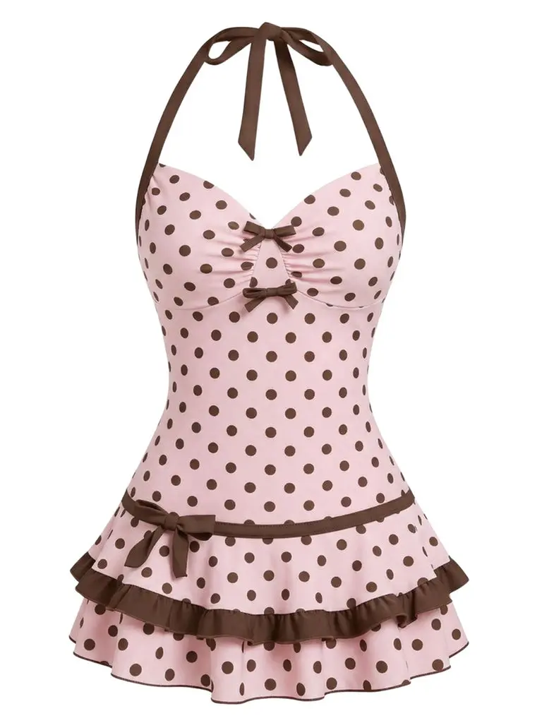 Pink & Brown 1940s Polka Dot Halter Bow One-Piece Swimdress Vintage Swimsuit Fashion Swimwear BackToSchool