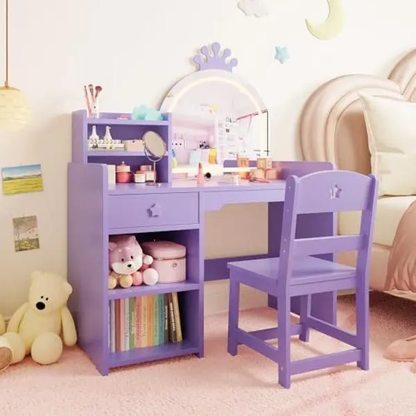 Children’s LED Lighted Storage Dressing Table Set with 3-Colour LED Mirror, 3-Drawer Dresser, Open Shelves & Spacious Tabletop, Study Desk for Kids’ Bedrooms, Ideal Gift, Purple, Playroom