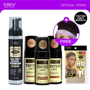 EBIN Tinted Lace Mousse Bundle (Medium Brown, Medium Dark Brown, Dark Brown) + Wonder Lace Bond Melt Mousse + HD Wig Caps Bundle with FREE Melting Band| Natural Tone Match, Seamless Lace Melt