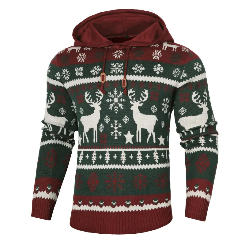 Zaitun Men's Nordic Cable Knit Longsleeves Hoodie Sweater - Maroon Polyester Warm Holiday Pullover with Festive Reindeer Snowflake, Casual Pull-On Top, Perfect Christmas Gift, Menswear Hoodie