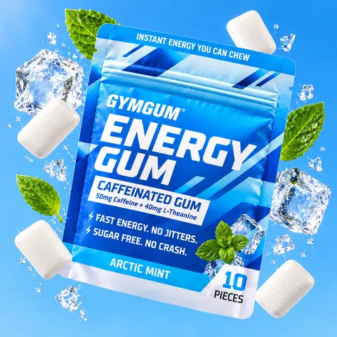 GYMGUM Energy Caffeine Gum - 50mg Caffeine + L-Theanine for Energy & Focus | Sugar-Free, Fresh Breath Chewing Gum for Gym, Travel, Workout