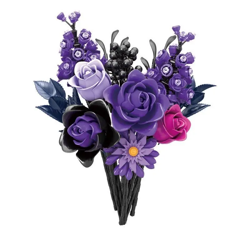 Deep Water Dark Purple Rose Bouquet Building Block Set, 822PCS Gothic Flower Building Set, Floral Bouquet DIY Building Set Model Kit, Artificial Flower Arrangement, Flower Decor, Floral Decor, Creative Gift for Her, Gift for Women, Tabletop Home Ornament